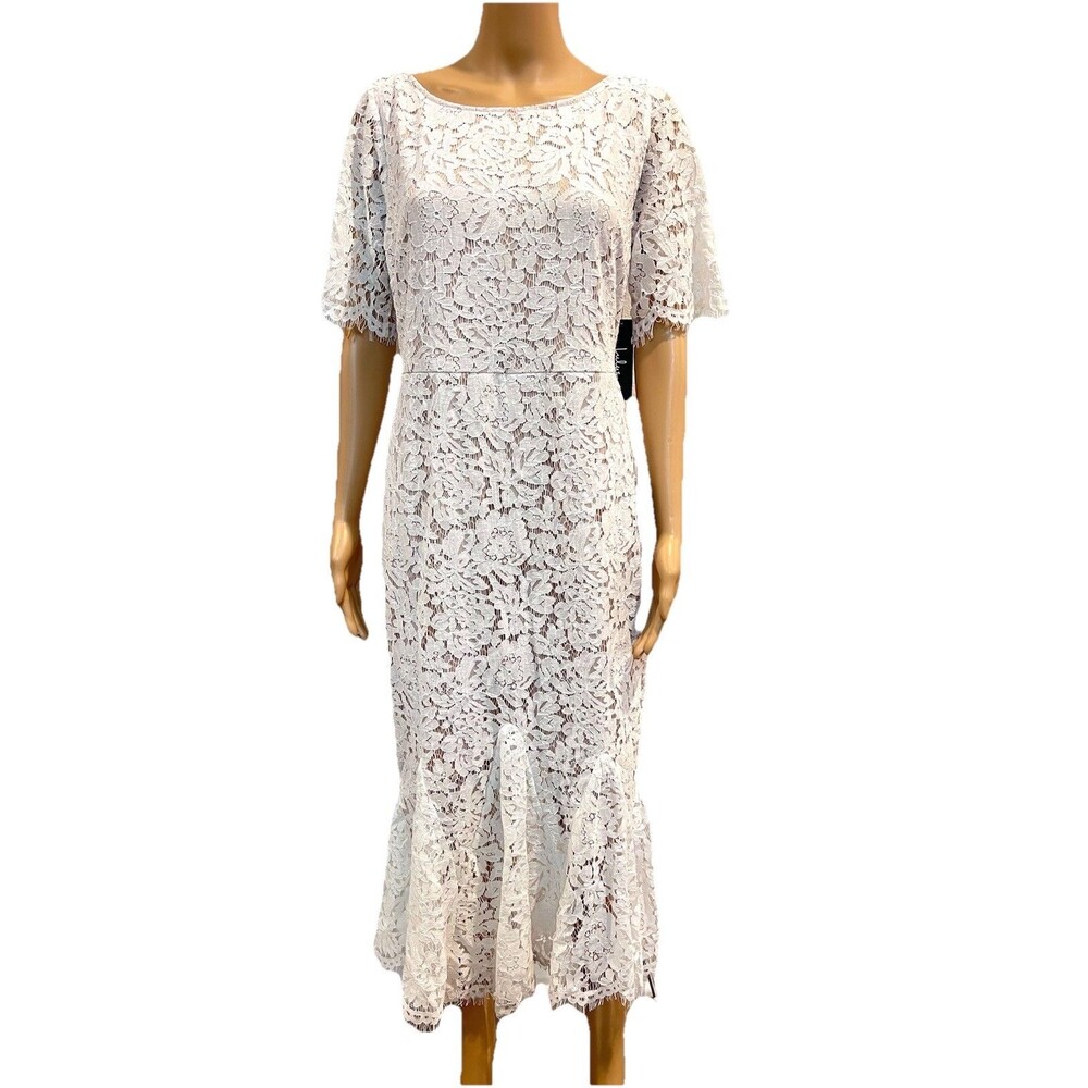 Lulus Women Ivory Cream Lace Beige Lined Dress XL Mermaid Formal Short Sleeve